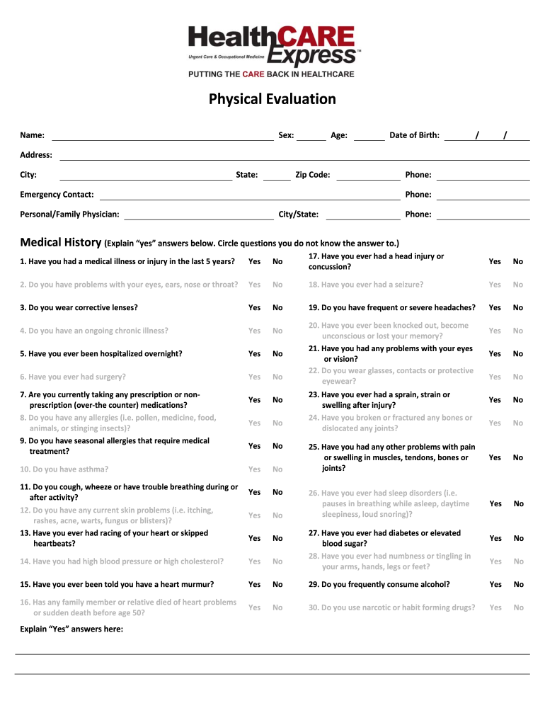 Printable Pre Employment Physical Form